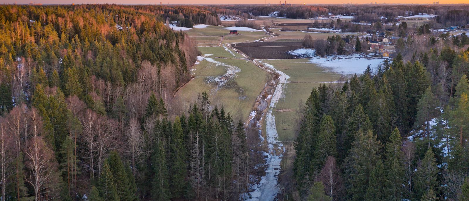 Vue aérienne d’un vallon agricole entre deux forêts de conifères, parcouru par un ruisseau, au début du printemps.